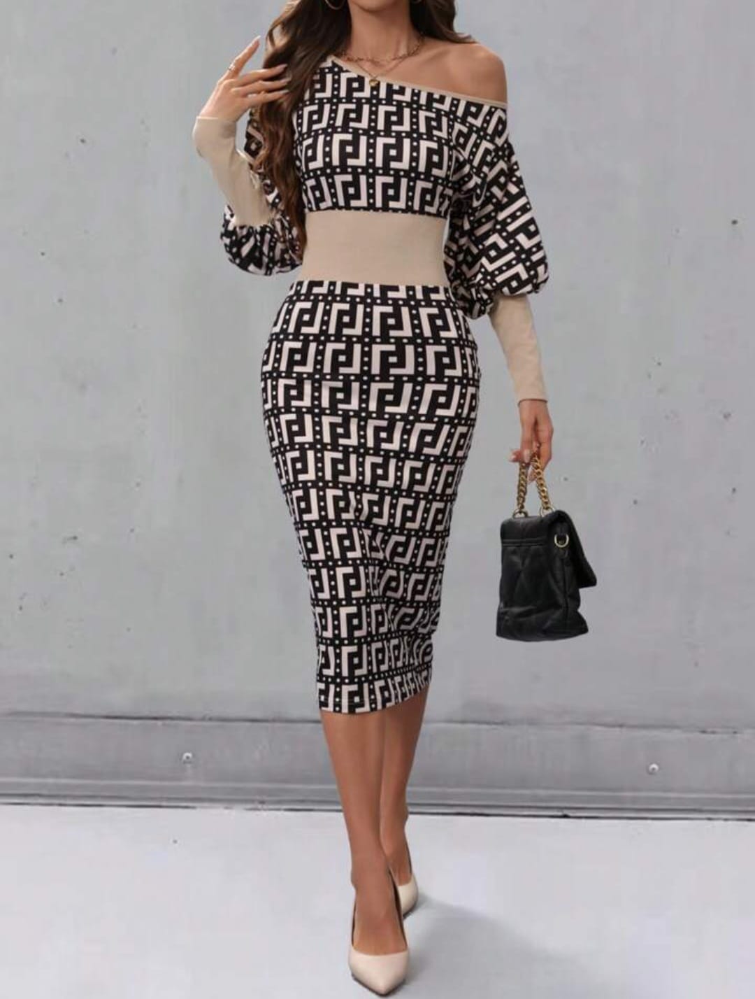 Asymmetrical Neckline Geometric Print Dress