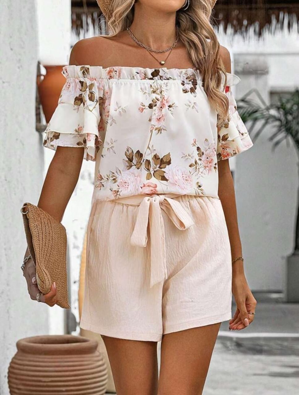 Floral Printed Off Shoulder Top & Shorts Set