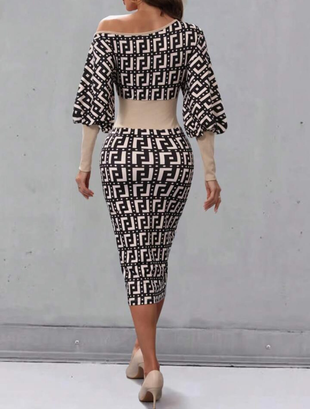 Asymmetrical Neckline Geometric Print Dress