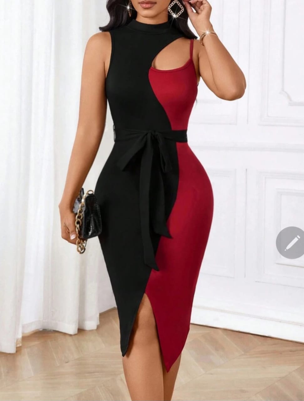 Red & Black Stand Collar Splicing Dress