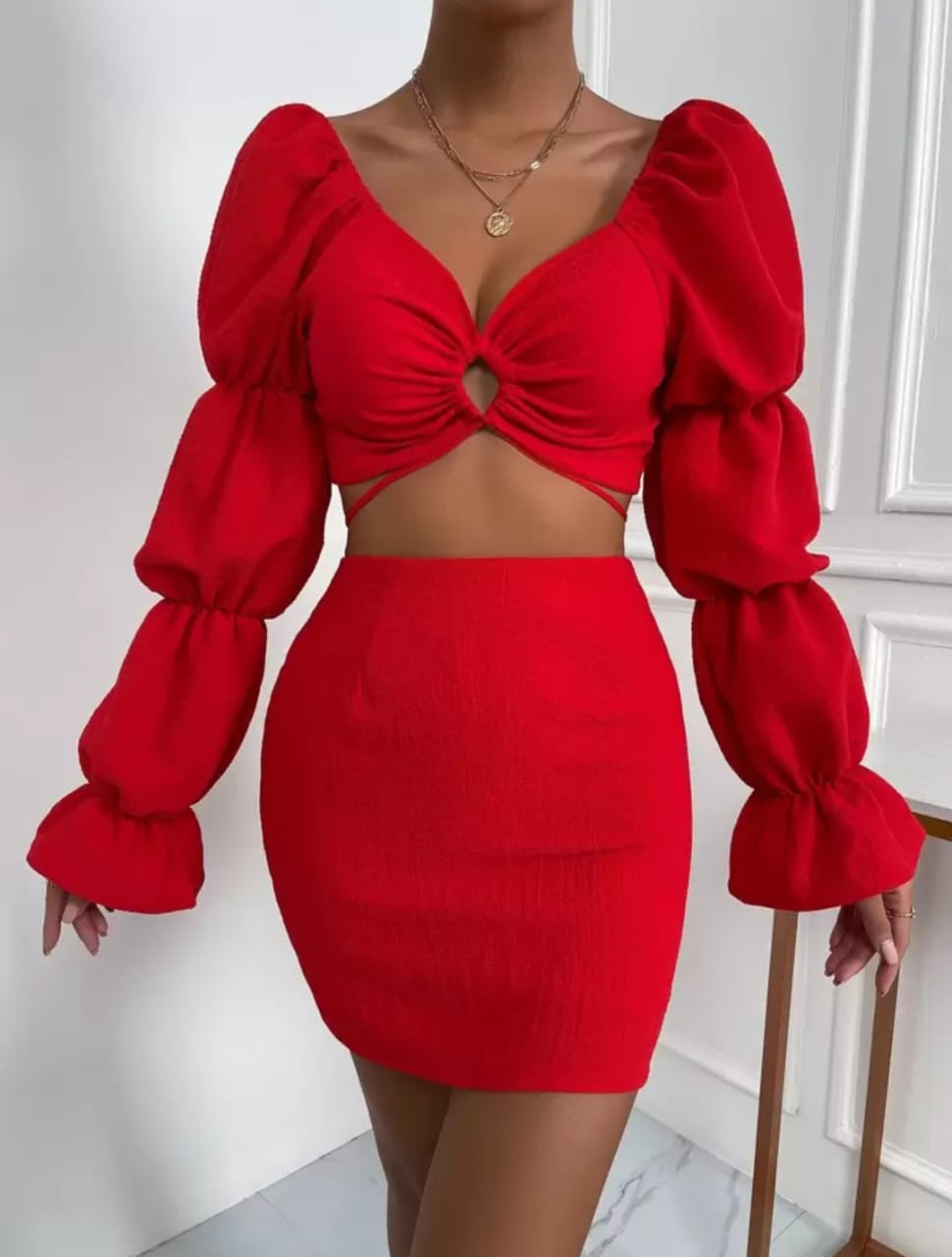 Cut Out Gathered Sleeve Top & Bodycon Skirt Set