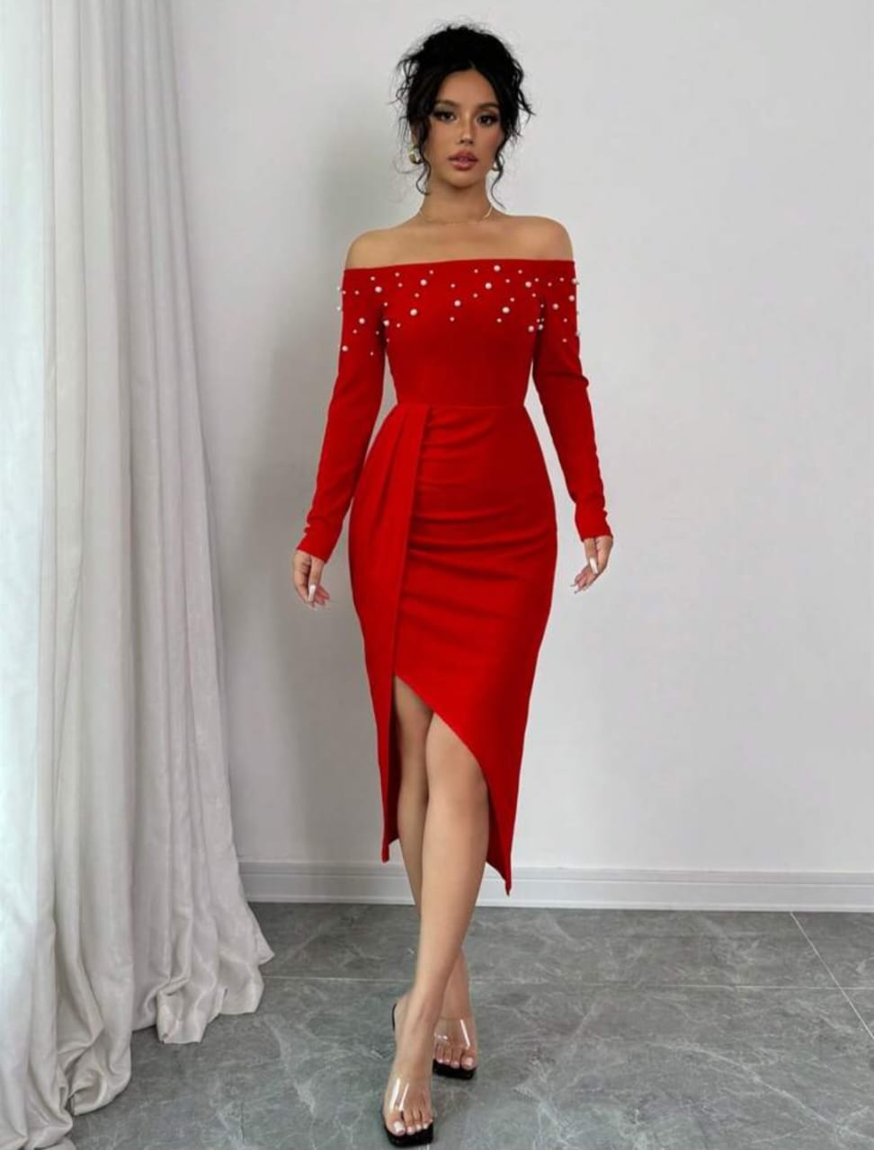 Open Shoulder High Slit Pearl Design Bodycon Dress