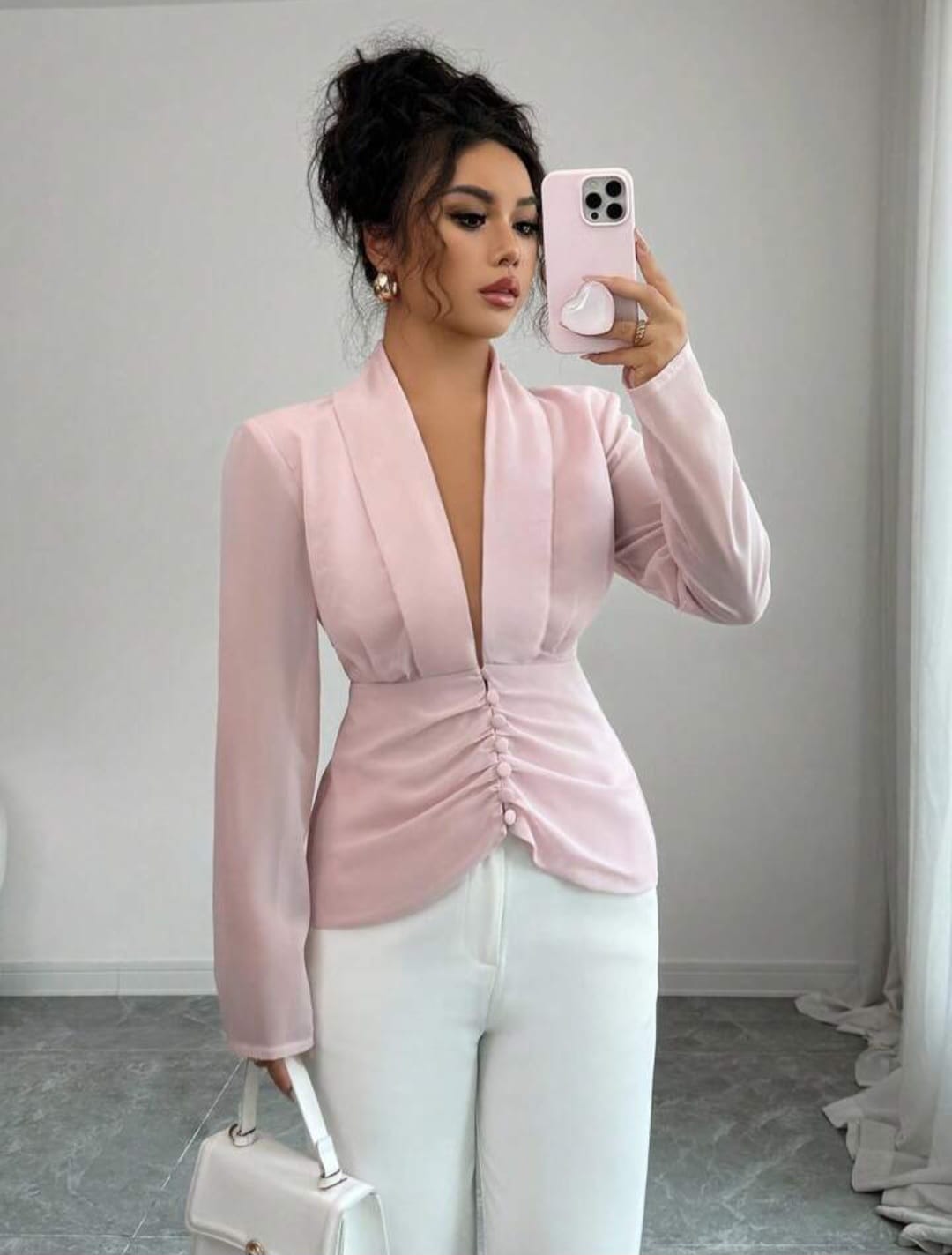 Deep V Neck Ruched Button Design Top