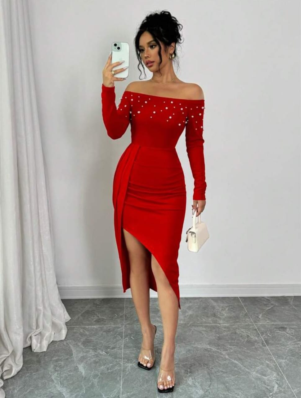 Open Shoulder High Slit Pearl Design Bodycon Dress
