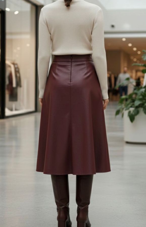 Maroon Leather Buttoned Mid Skirt