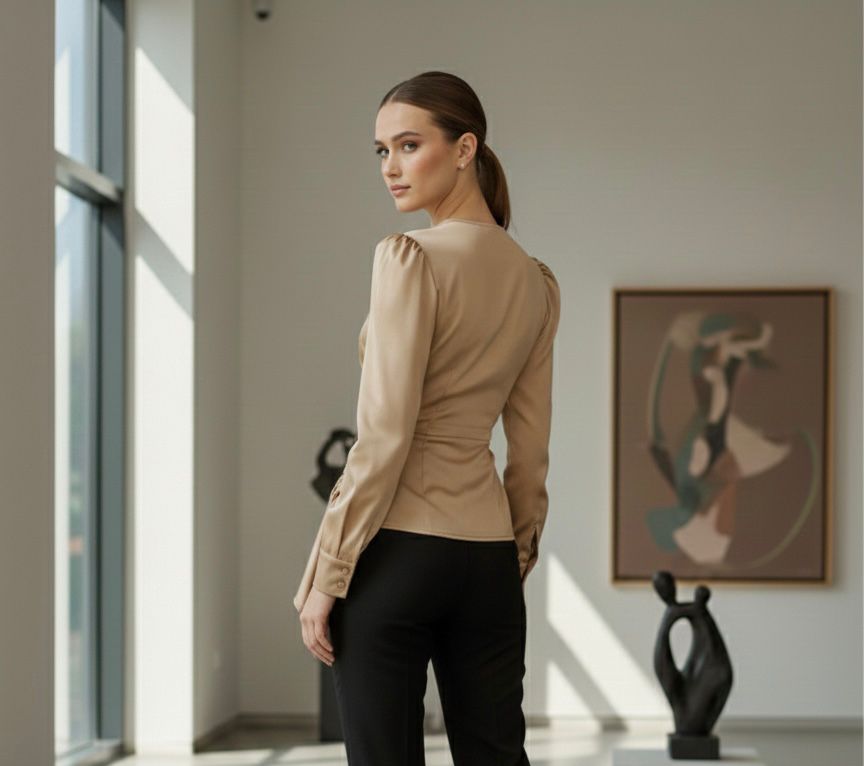 Golden Satin Front Pleated Blouse Top