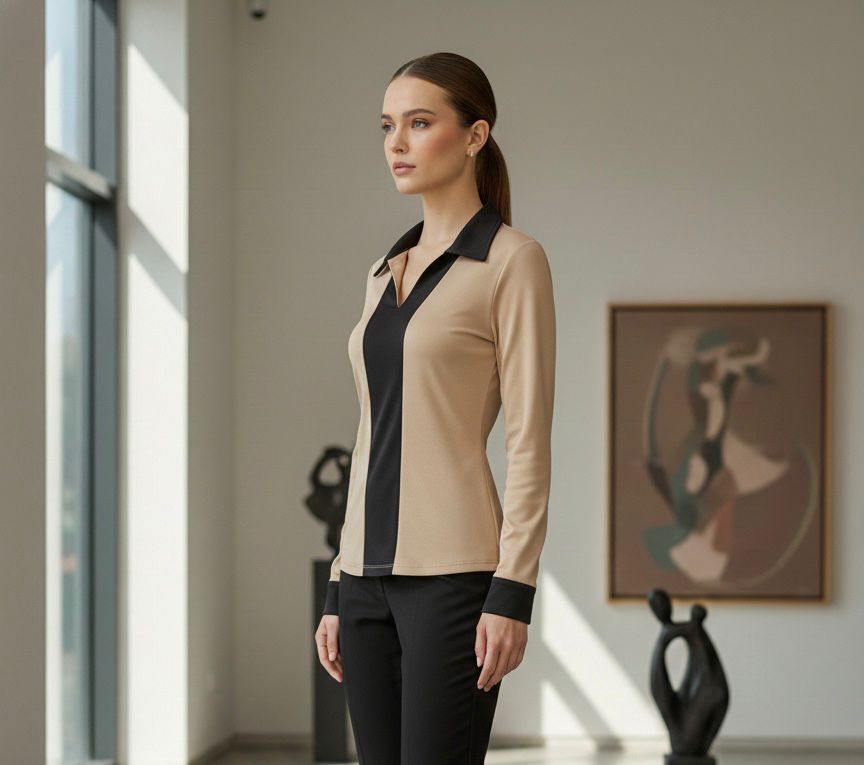 Beige Black Collar Blouse Top