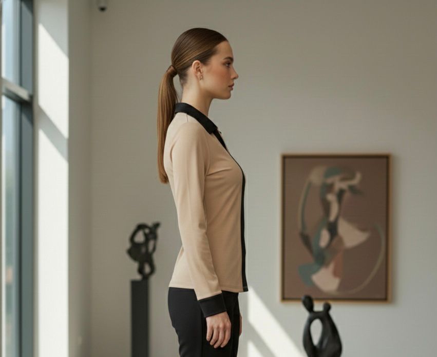 Beige Black Collar Blouse Top