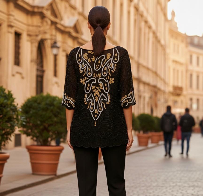 Beaded Sequin Black Top