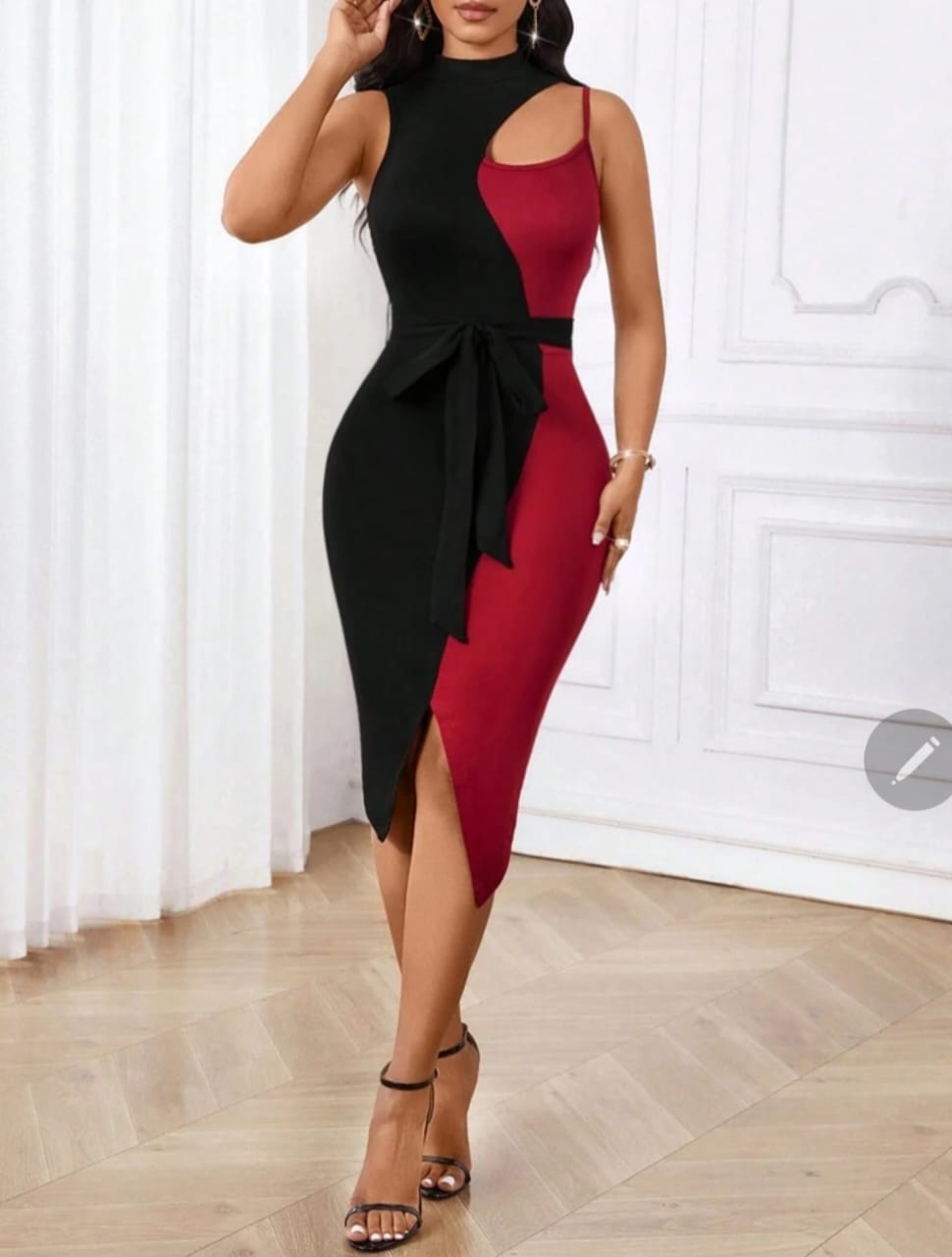 Red & Black Stand Collar Splicing Dress