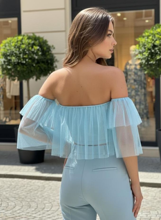 Sky Blue Ruffled Sleeve Stretchable Top