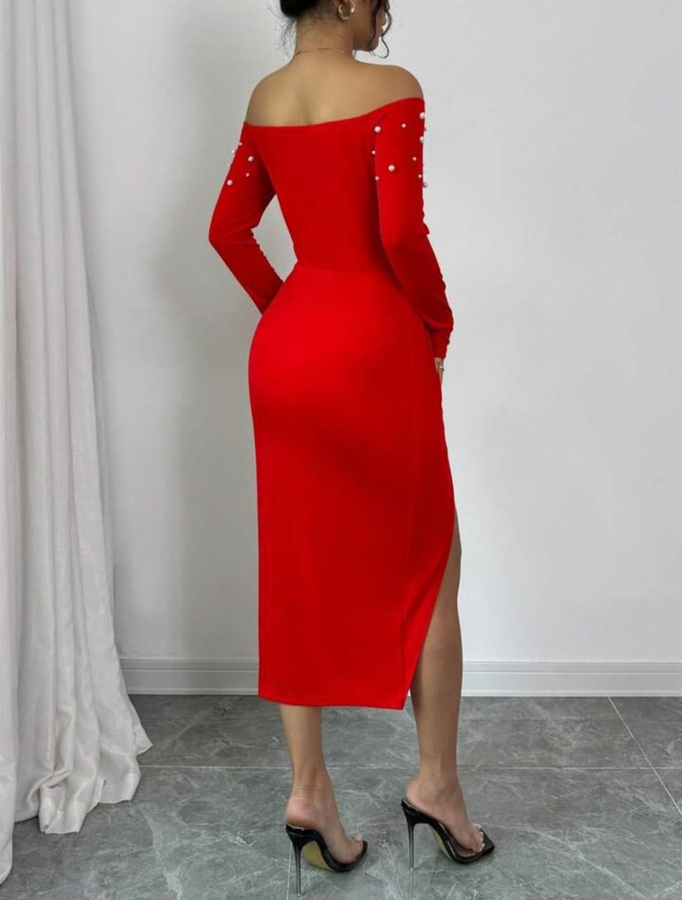 Open Shoulder High Slit Pearl Design Bodycon Dress