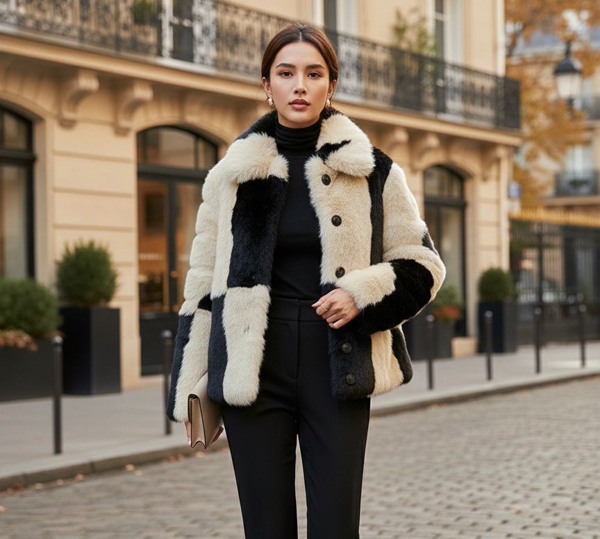 Beige Black Furry Coat
