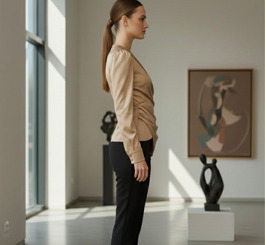 Golden Satin Front Pleated Blouse Top