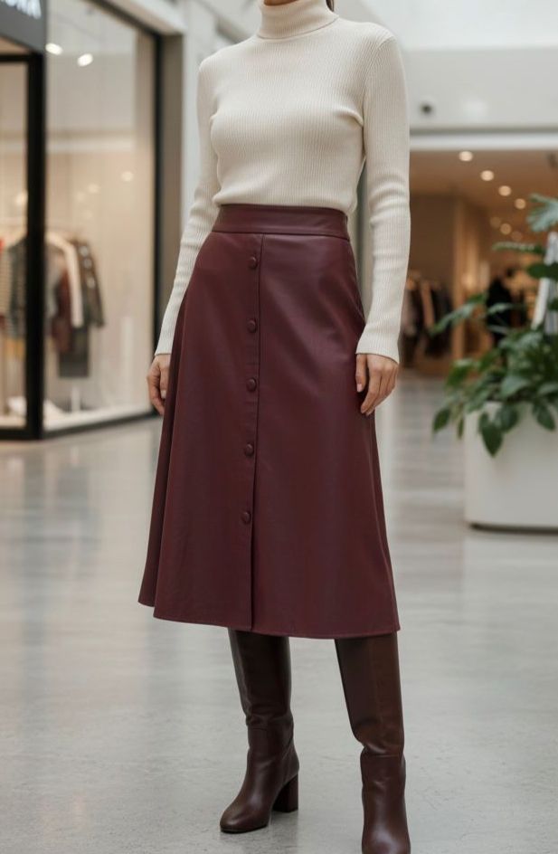 Maroon Leather Buttoned Mid Skirt