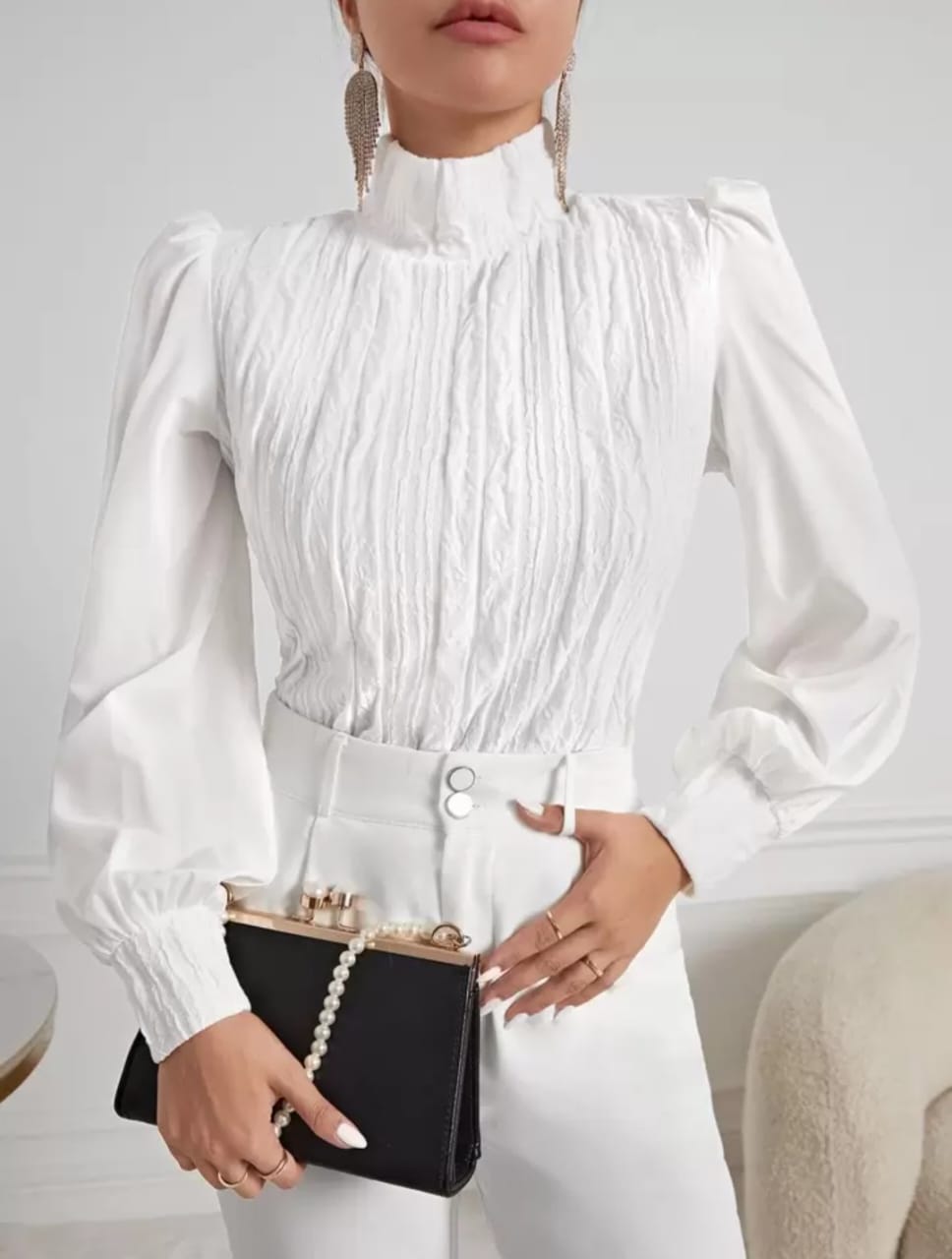 Mock Neck Lantern Sleeve Top