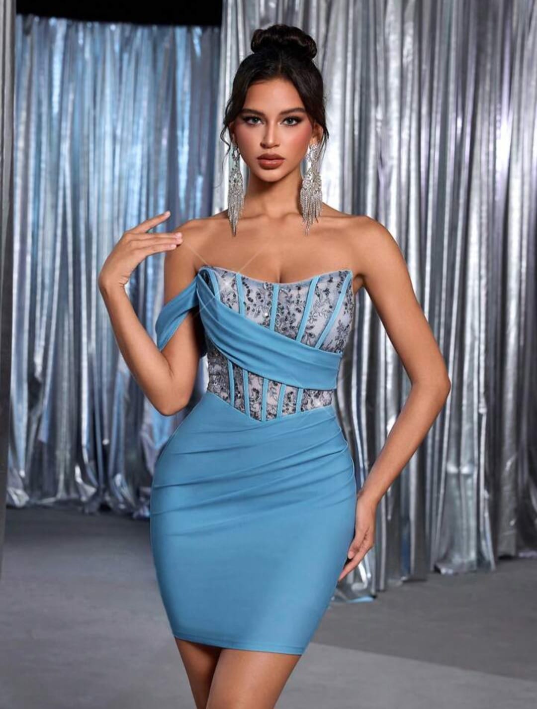 Blue Embroidered Sequined Dress