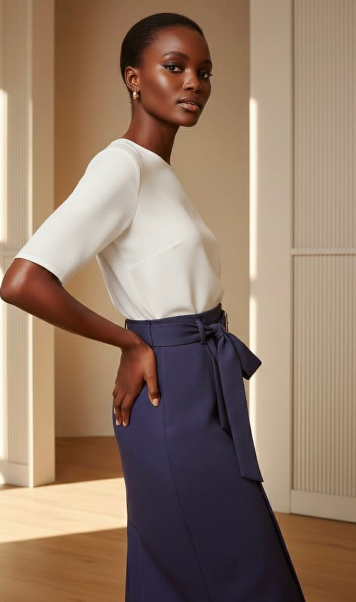 Navy Blue Belted Mid Skirt