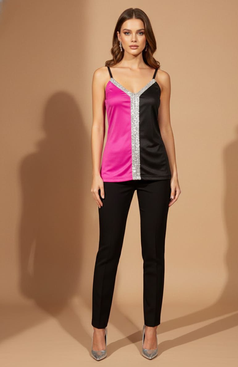 Colour Block Pink-Black Sequins Lined Top