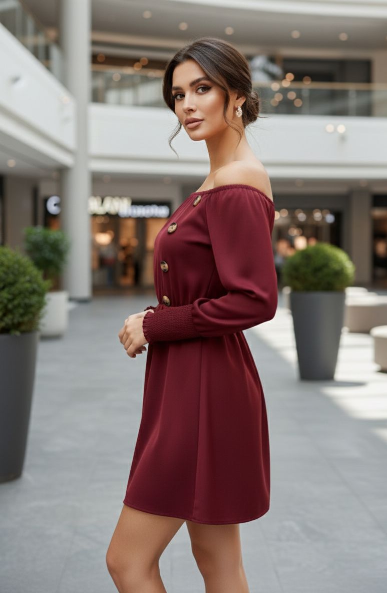 Maroon Buttoned Off-Shoulder Dress