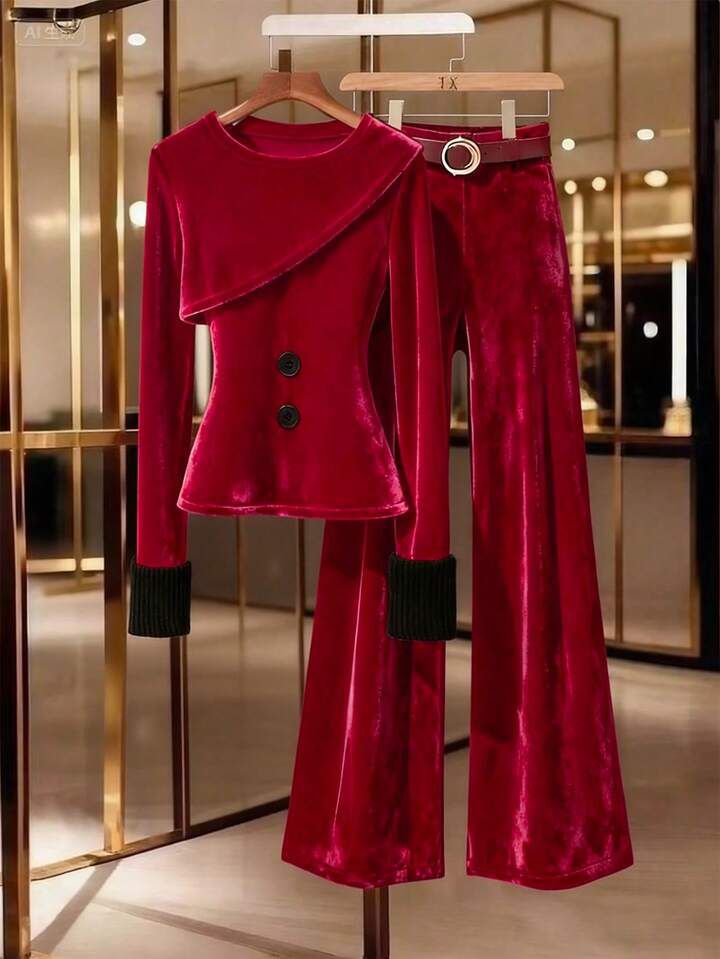 Maroon Red Velvet All Weather Co Ord Set