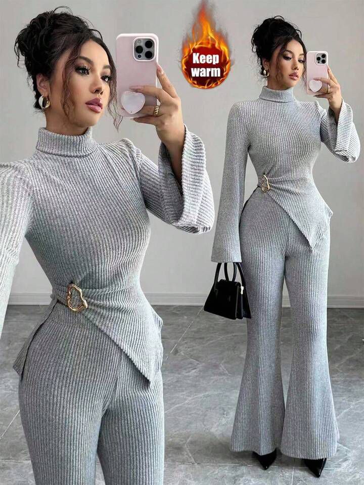 High Neck Metal Decor Pant Top Set