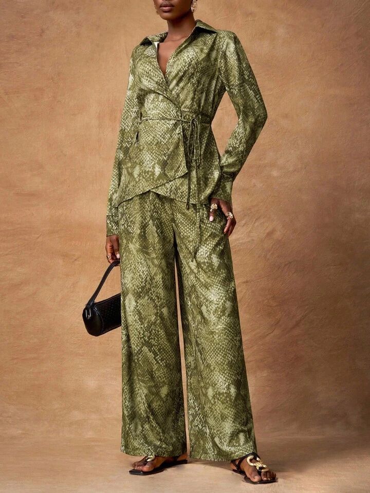 Green Snake Print Tie Top Pants Co Ord Set