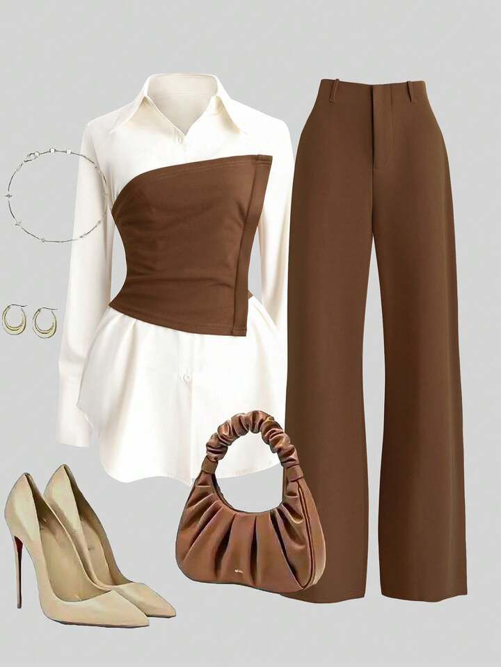 Waist Cinching Shirt With Wide Leg Pant Co Ord Set