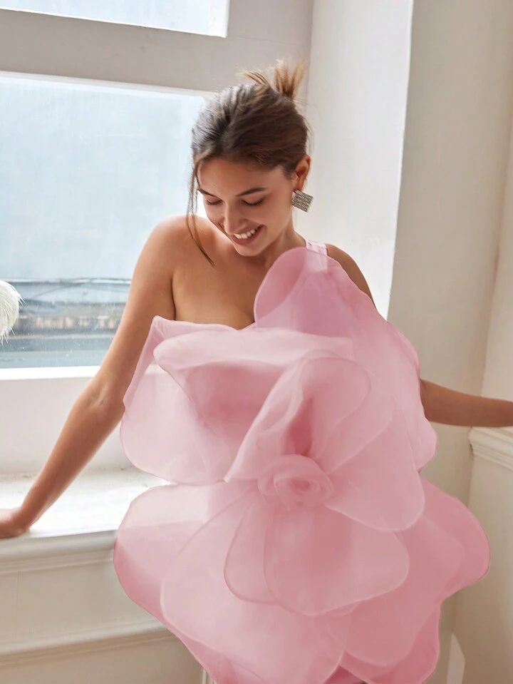 Pink 3D Rose Flower Dress