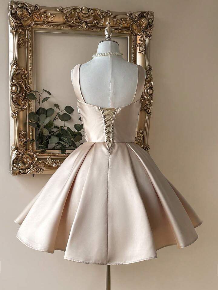 Beige Satin Back Tie Pearl Frock Dress