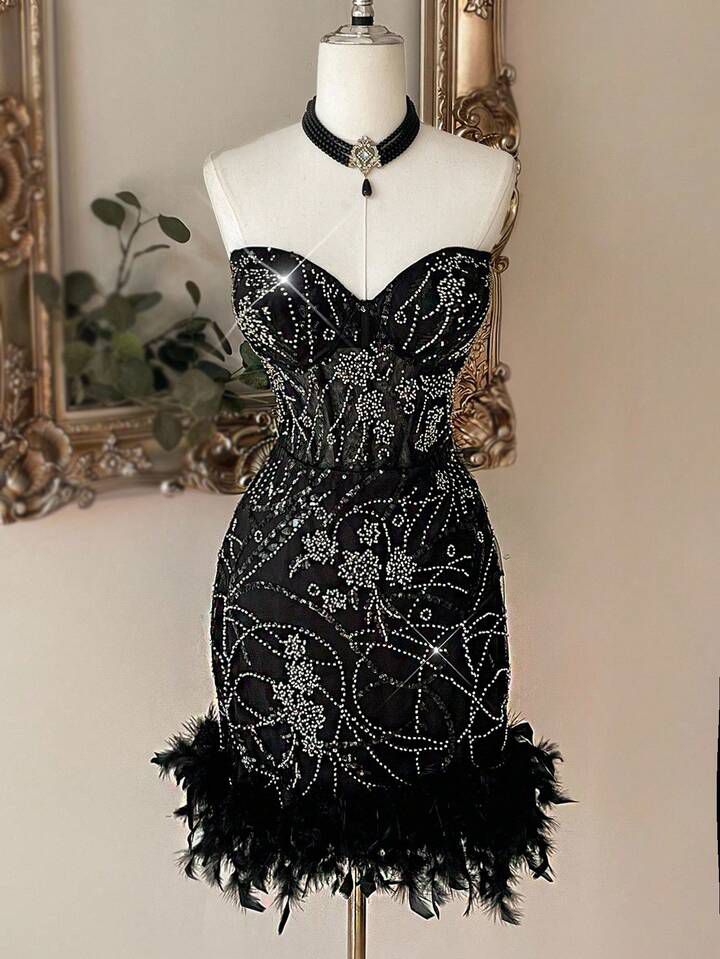 Black Beaded Sequined Fur Dress