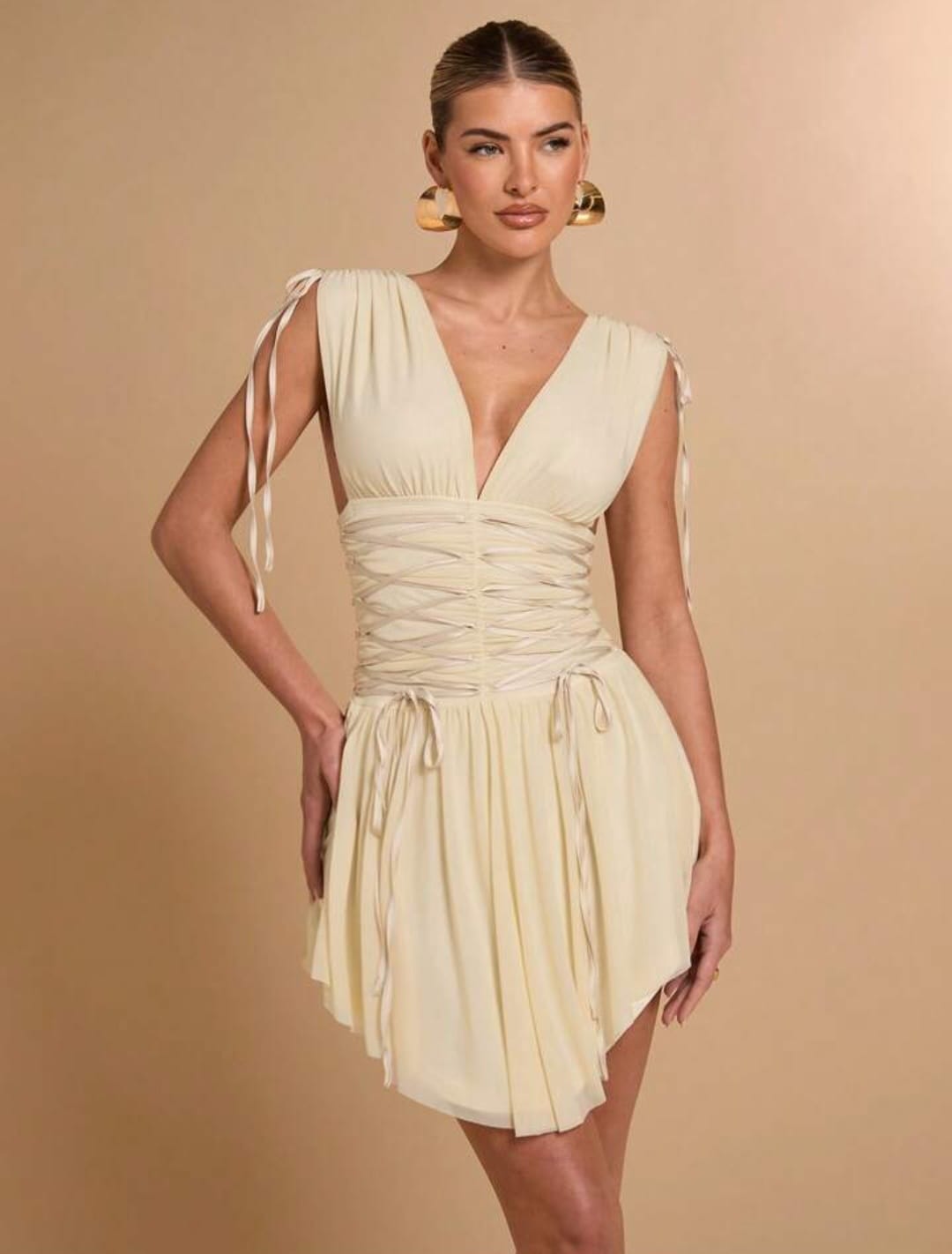 V- Neck Drawstring Tie Dress