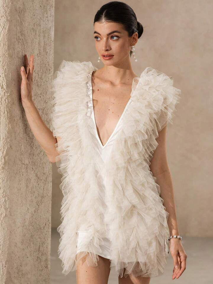 White V-Neck Ruffled Mesh Dress