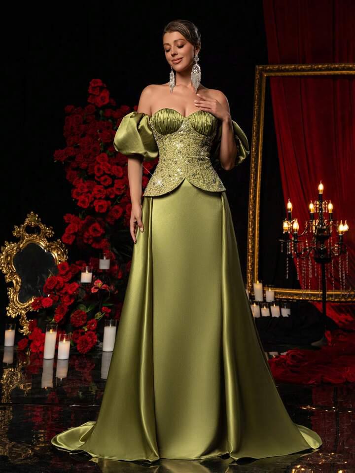 Sequined Embroidered Satin Dress