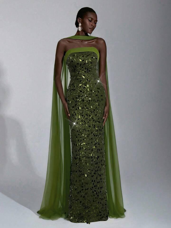 Green Bodycon Maxi Dress With Long Scarf