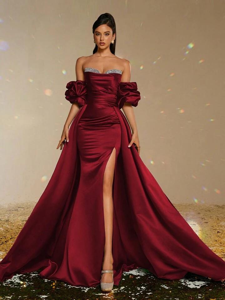 Maroon Satin Silver Patchwork Flared Gala Gown