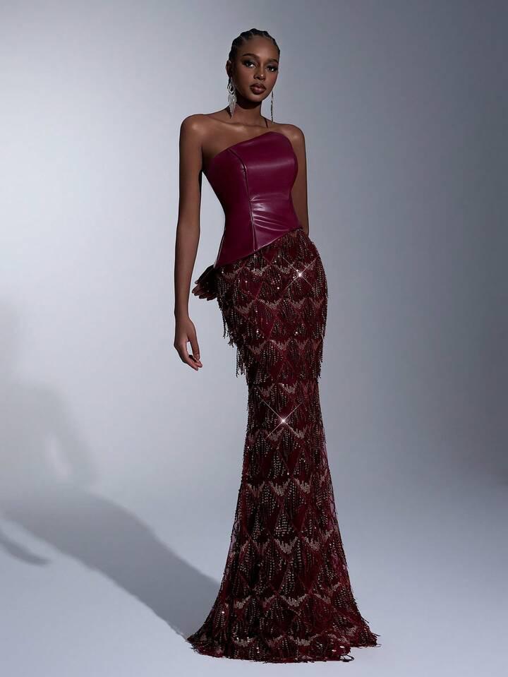 PU Leather Corset Sequined Gown Dress