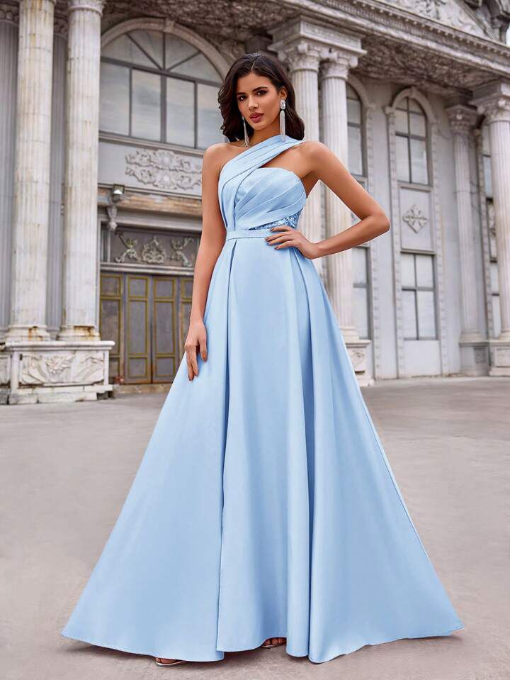 Blue Satin Flared Gown