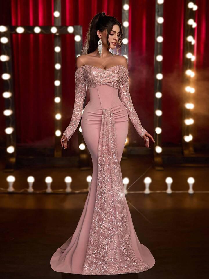 Pink Sequin Lace Patch Stretchable Mermaid Maxi Dress