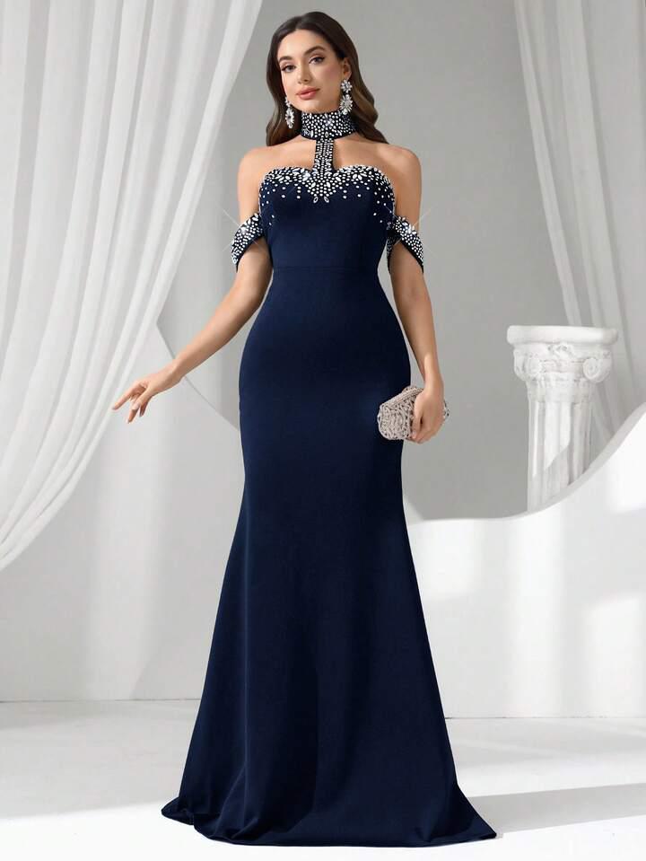 Blue Rhinestone Decor Off Shoulder Halter Gown