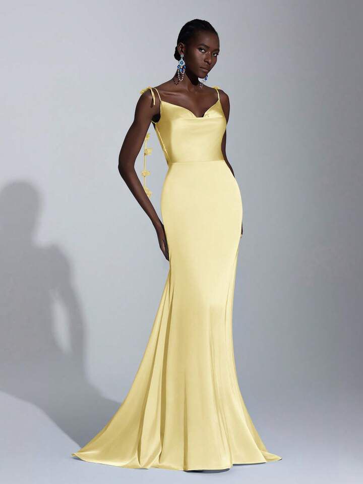 Yellow Satin Flower Strap Dress