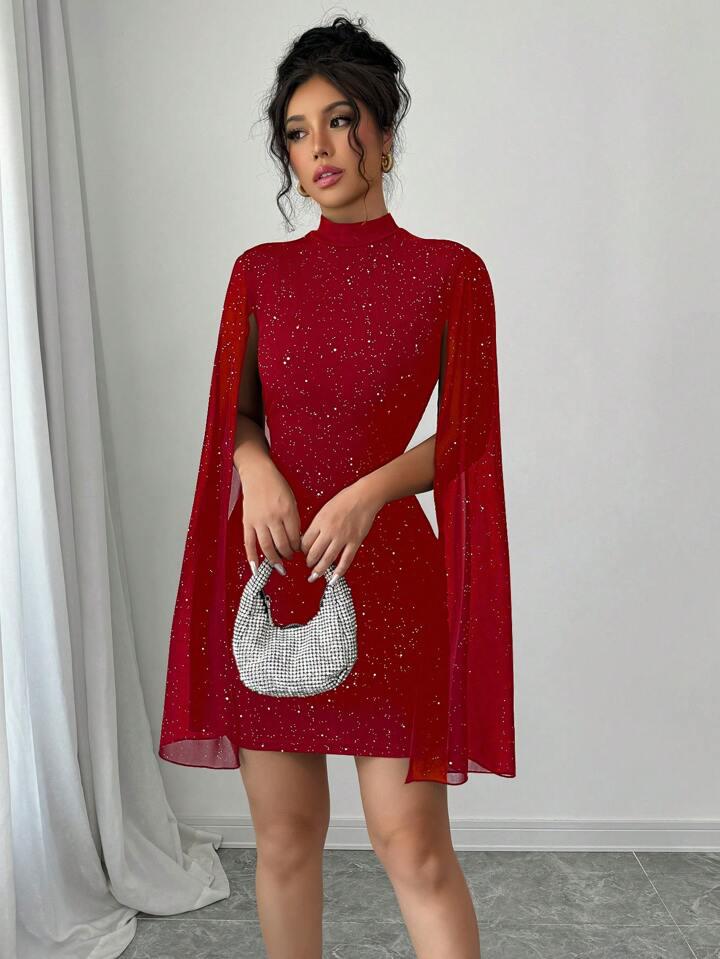 Red Glitter Print Flared Sleeves Dress