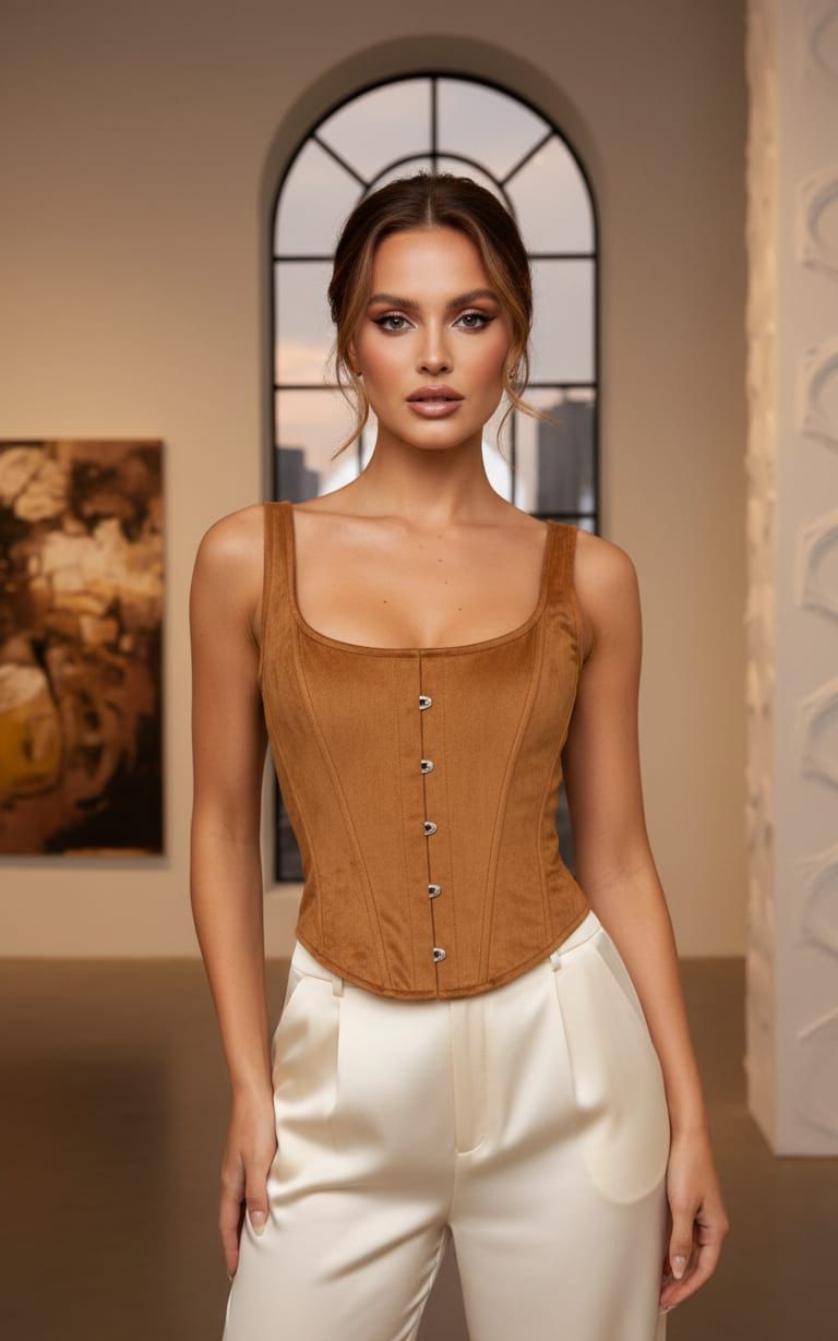 Camel Suede Corset Buttoned Top