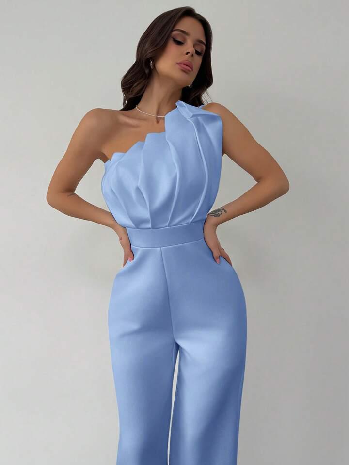 Blue Pleated One Shoulder Jumpsuit