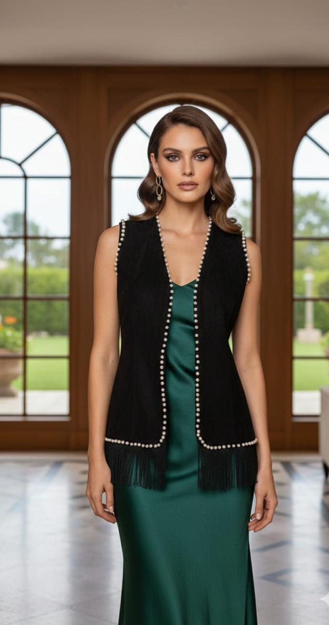 Black Sleeveless Pearl Beaded Fringed Shrug
