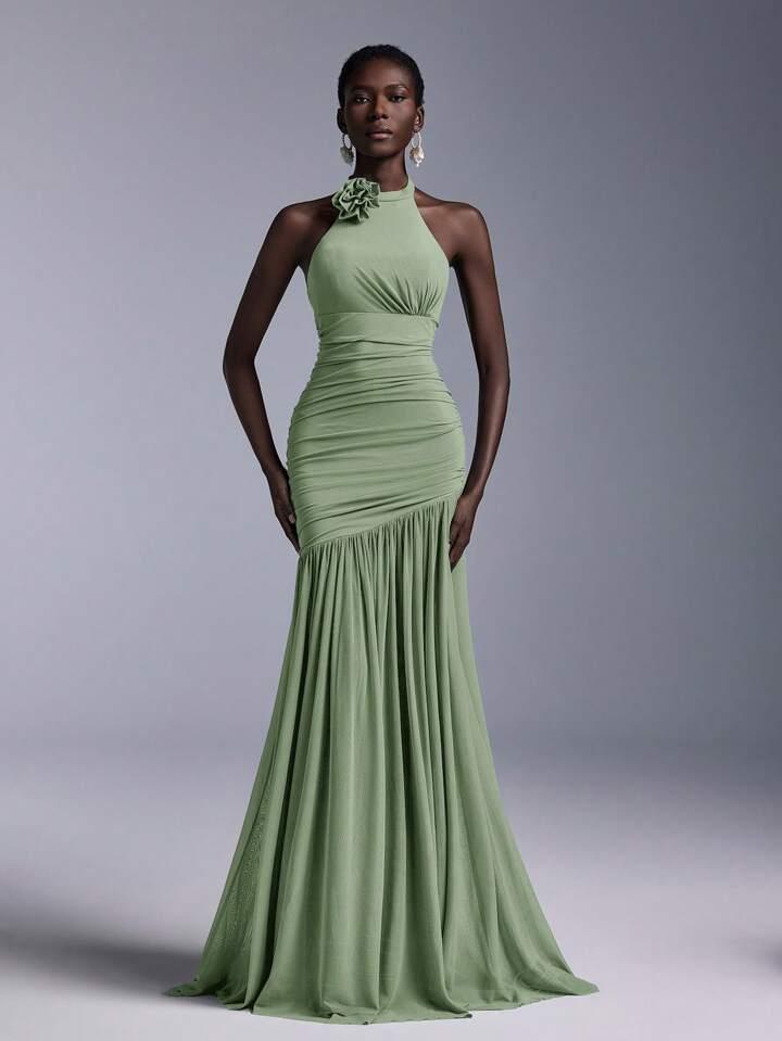 Green Mesh Net Ruched Stretchable Fishtail Maxi Dress