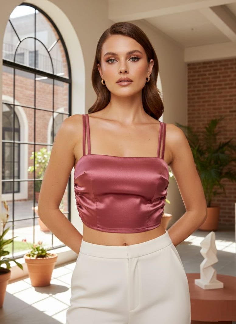 Pink Ruched Satin Satin Strapless Top
