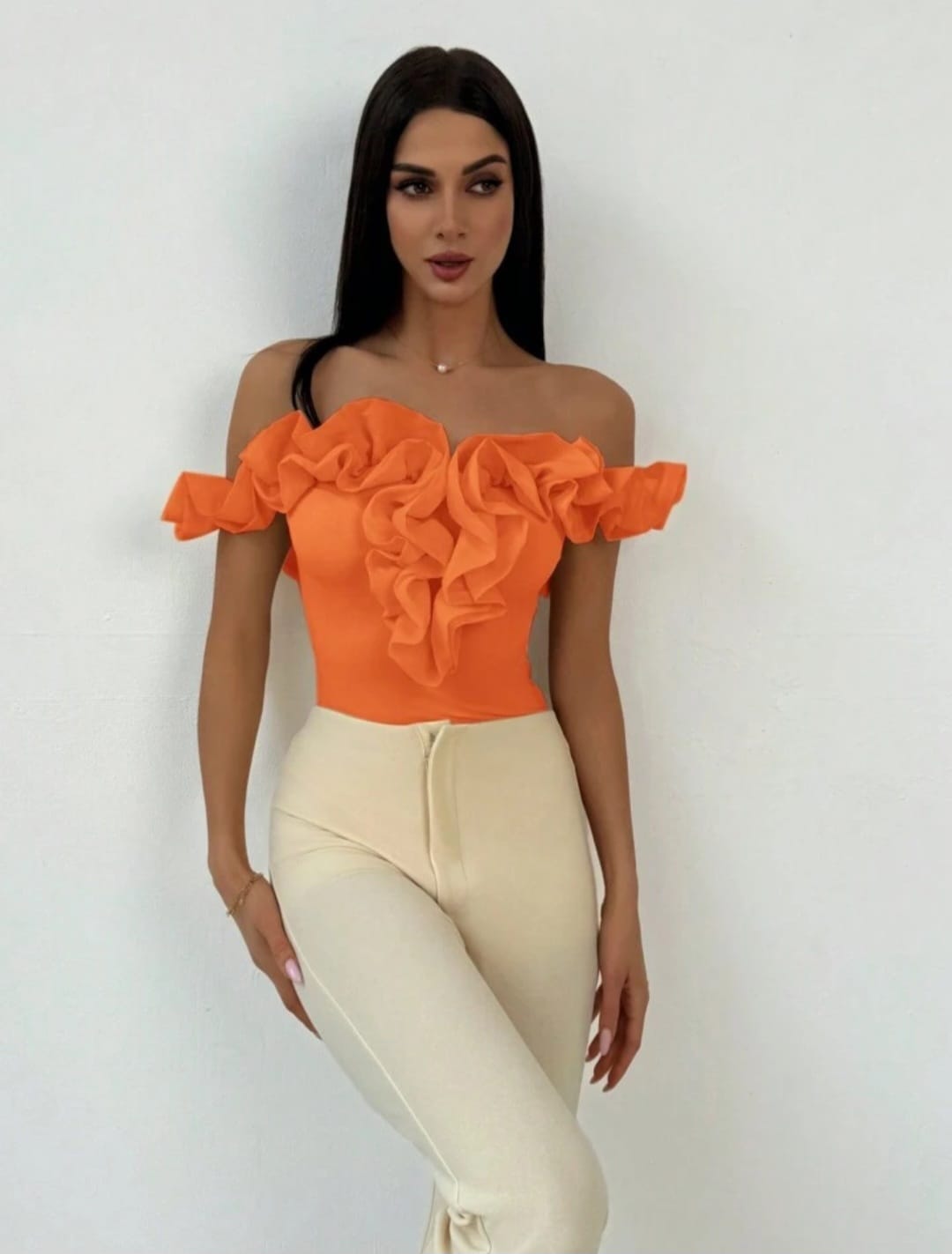 Off Shoulder Frilled Border Bodysuit