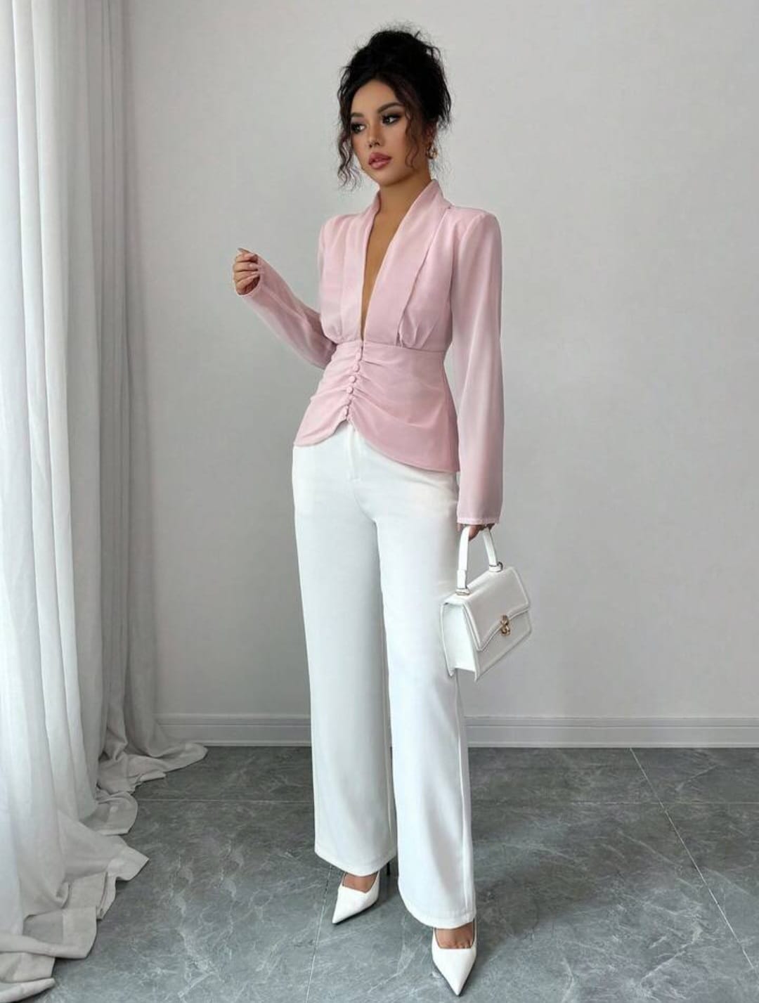 Deep V Neck Ruched Button Design Top