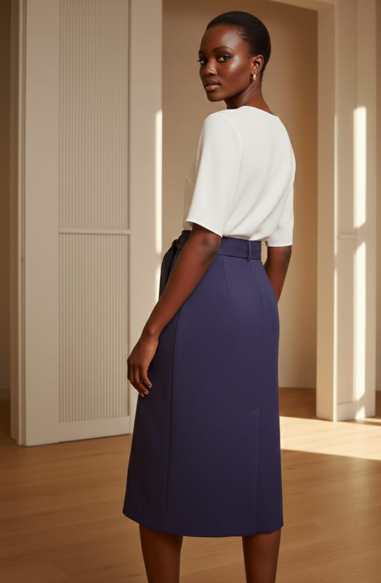 Navy Blue Belted Mid Skirt
